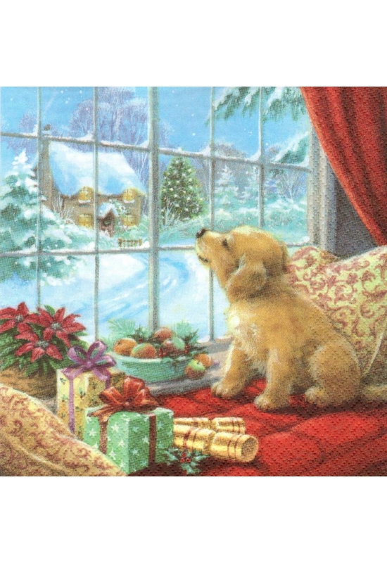 Kutyus nézi a hóesést - szalvéta 33x33 cm